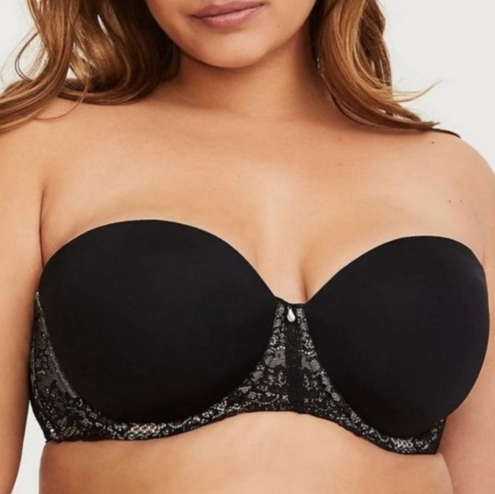 Torrid Nude Black Lace Multiway Strapless Bra, size 38B